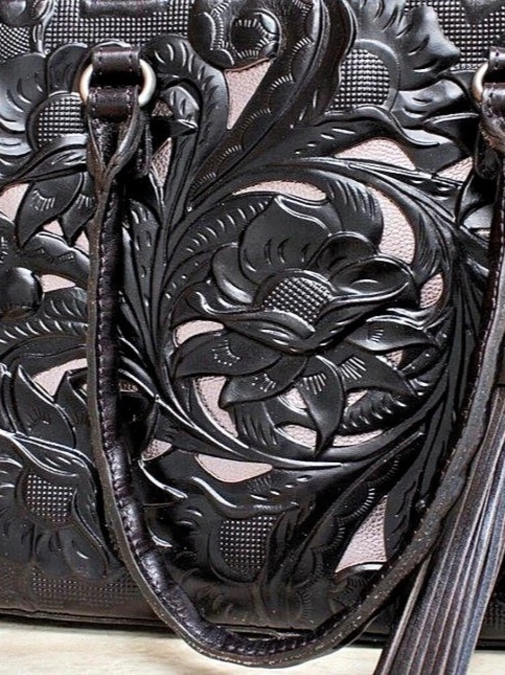 Patricia Nash Embossed Satchel Floral Tote with tassels in black. 
Brand new wit